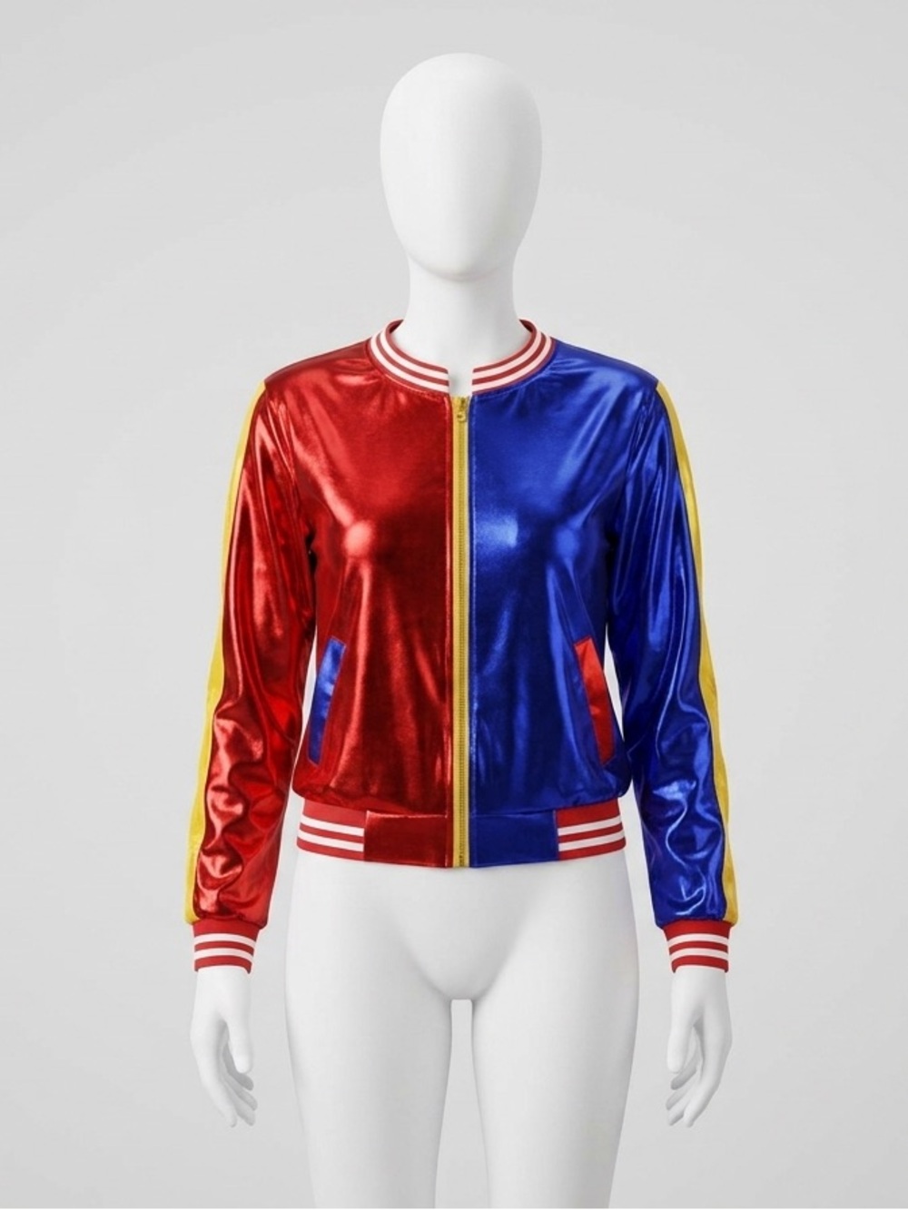 Harley Quinn jacket only Two-Tone Metallic Varsity Bomber Jacket- Red & Blue Med